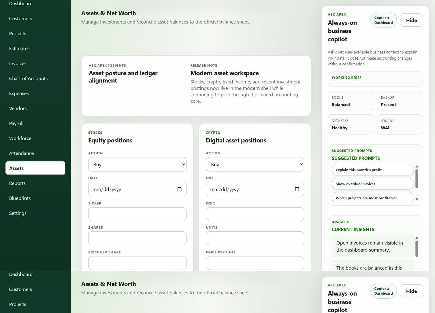 ApexLedgerPro assets and net worth workspace screenshot