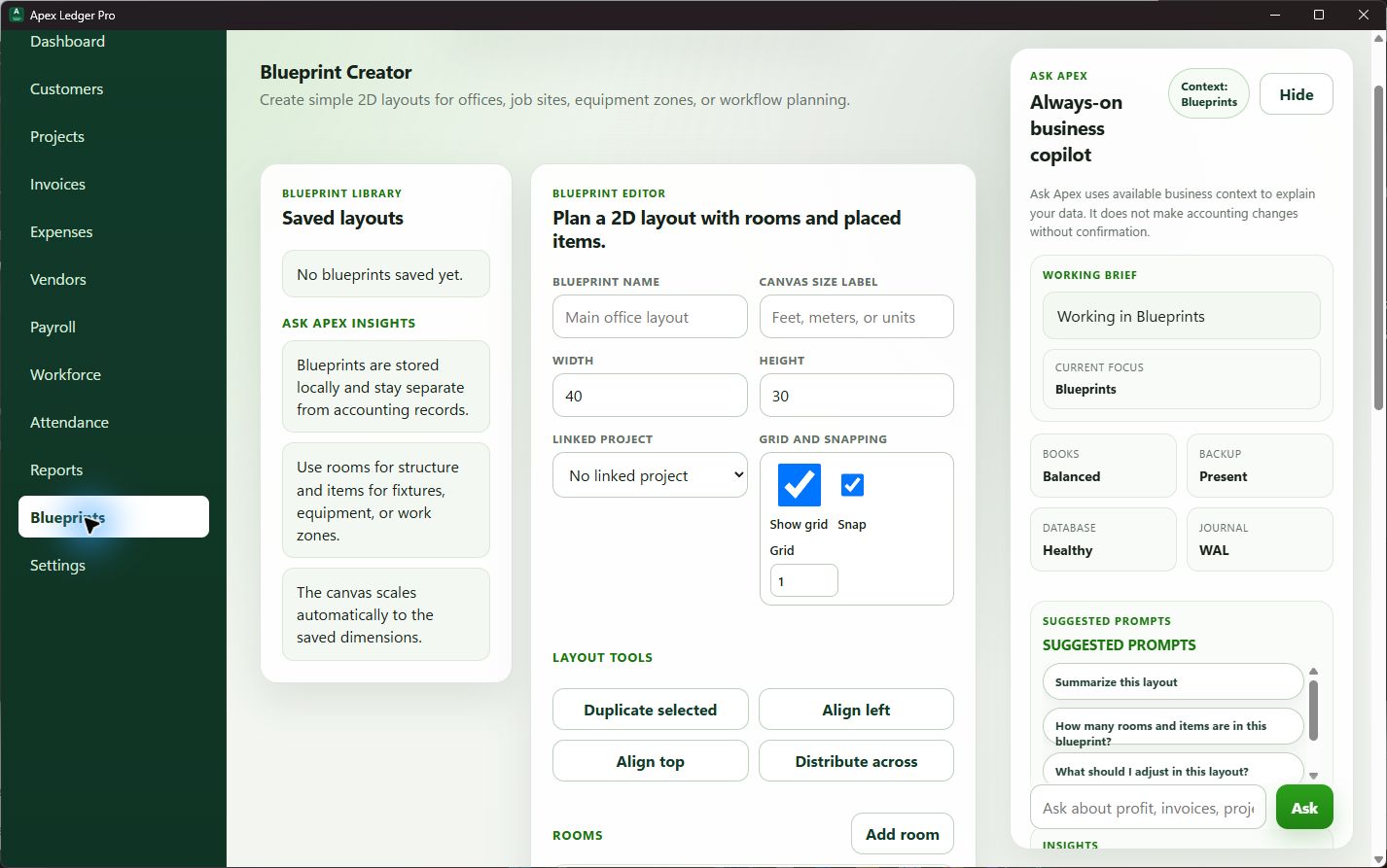 ApexLedgerPro blueprints workspace screenshot