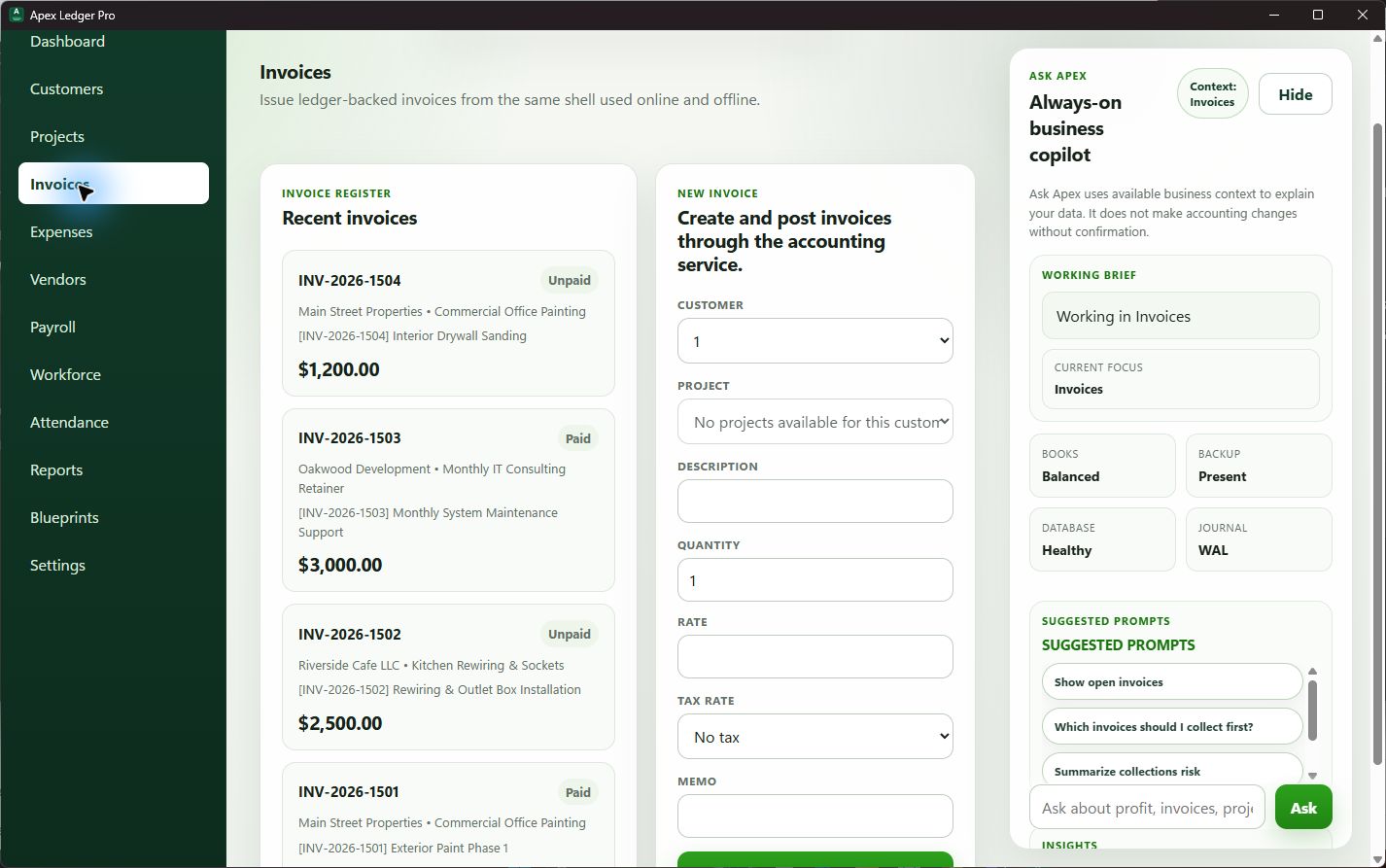 ApexLedgerPro invoices workspace screenshot