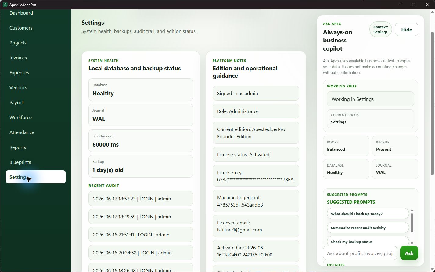 ApexLedgerPro settings workspace screenshot