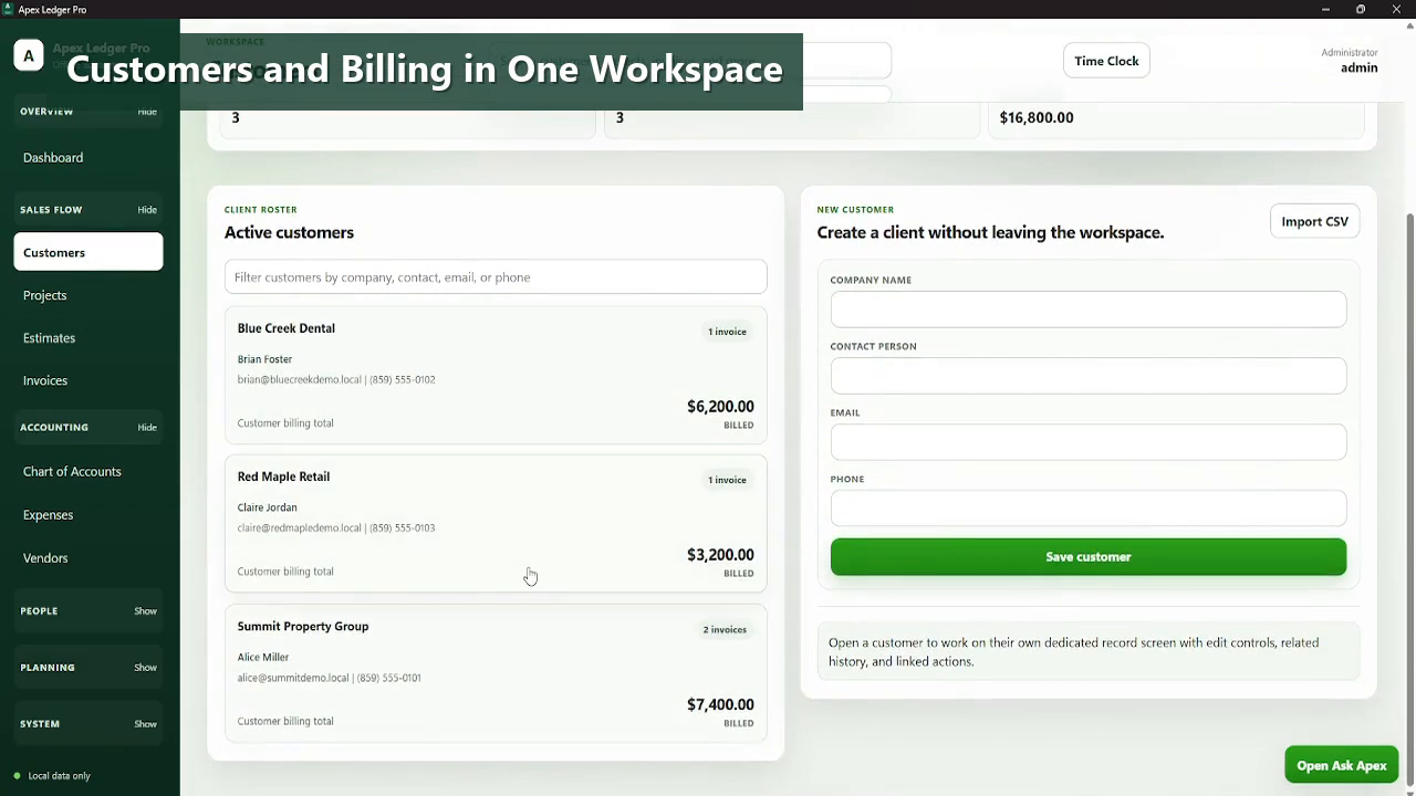 ApexLedgerPro customer and invoicing screenshot showing customer records, billing workflows, and desktop accounting navigation
