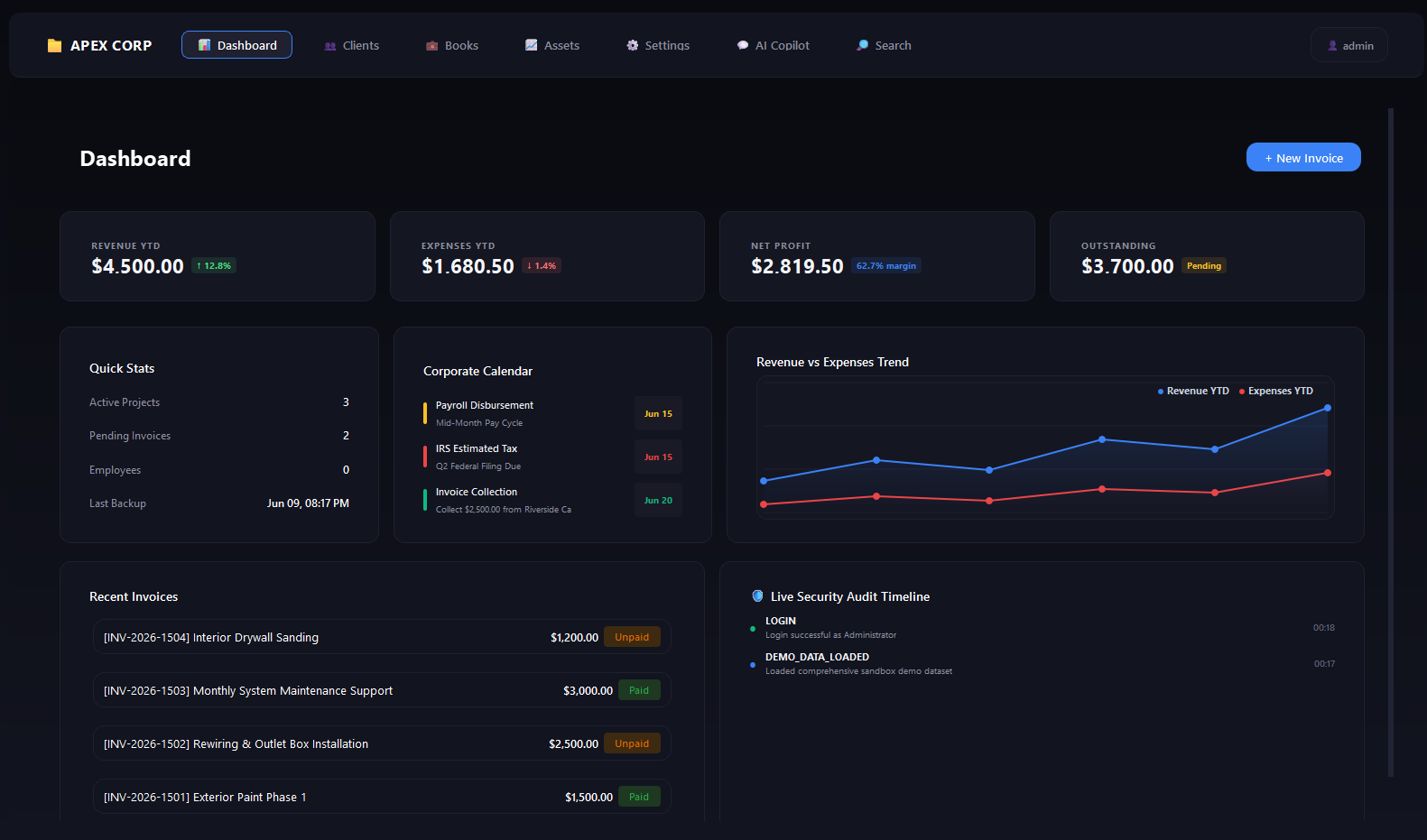 Apex Ledger Pro Dashboard Interface